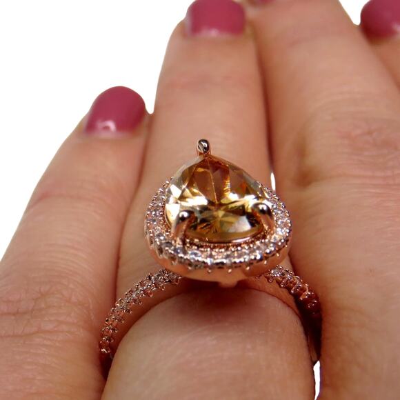 Macy's Rose Gold Pear Teardrop Halo Morganite Diamond Ring S 925 Size 7 - Picture 5 of 11